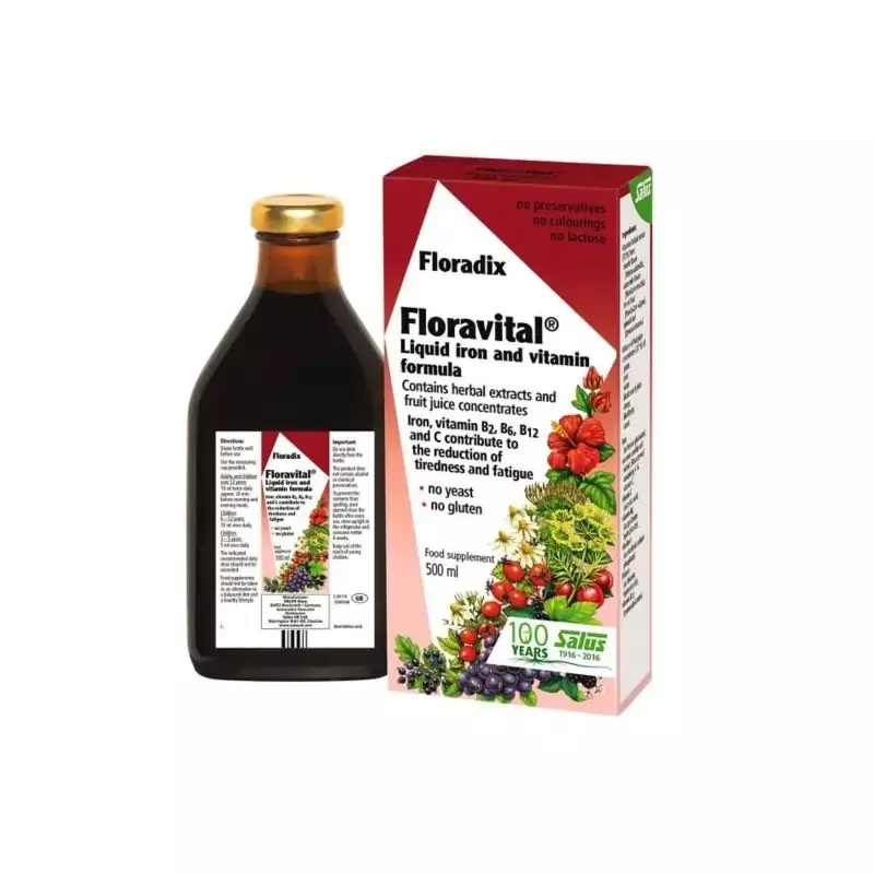 Floradix Red - Floravital Liquid Iron & Vitamin Formula Yeast Free (500Ml)
