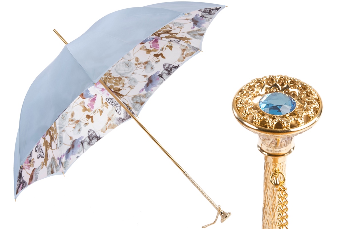 Pasotti Light Blue Nature Umbrella with Butterflies, Double Cloth 