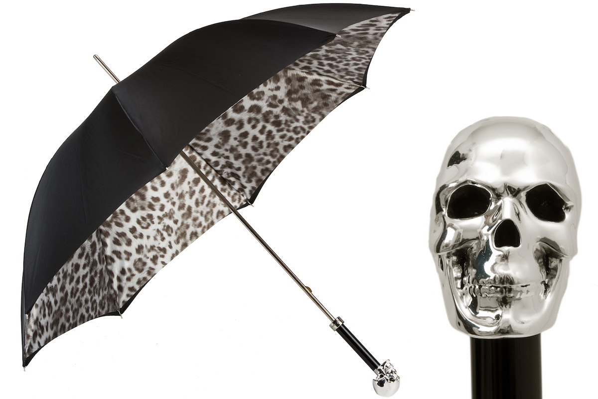 Pasotti - Luxury Black and White, Animalier Umbrella with Silver Skull Handle