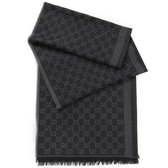 Gucci - Black/Dark Grey GG Monogram Webbing Reversible Wool and Silk Blend Scarf 