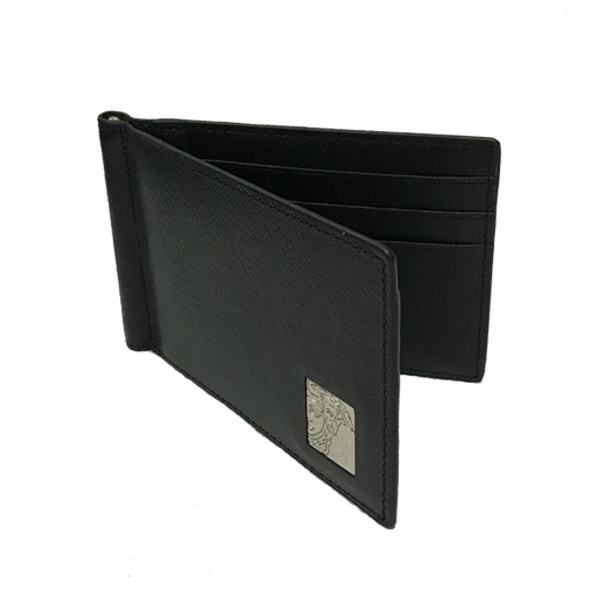 Versace Men's Sliver Metal Medusa Half Face Black Cross Pattern Leather Card Holder with Metal Detail