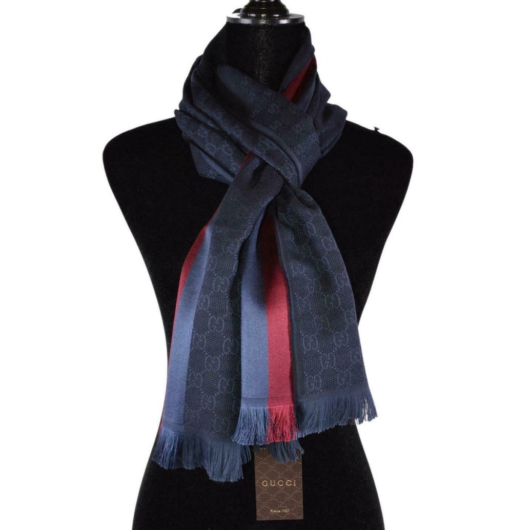 Gucci - Blue GG Monogram Stripe Wool Silk Blend Scarf
