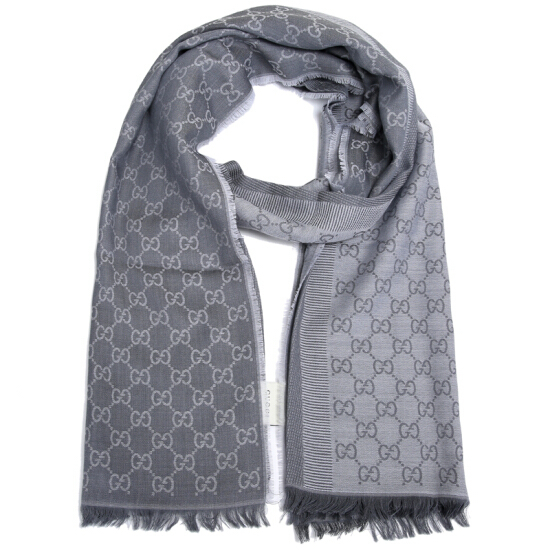Gucci - Light Grey GG Monogram Webbing Reversible Wool and Silk Blend Scarf 