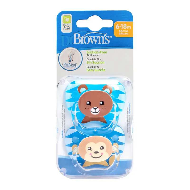 Dr Brown's - Prevent Suction-Free Animal Soothers 6-18m Damaged (Blue 2 Pack)