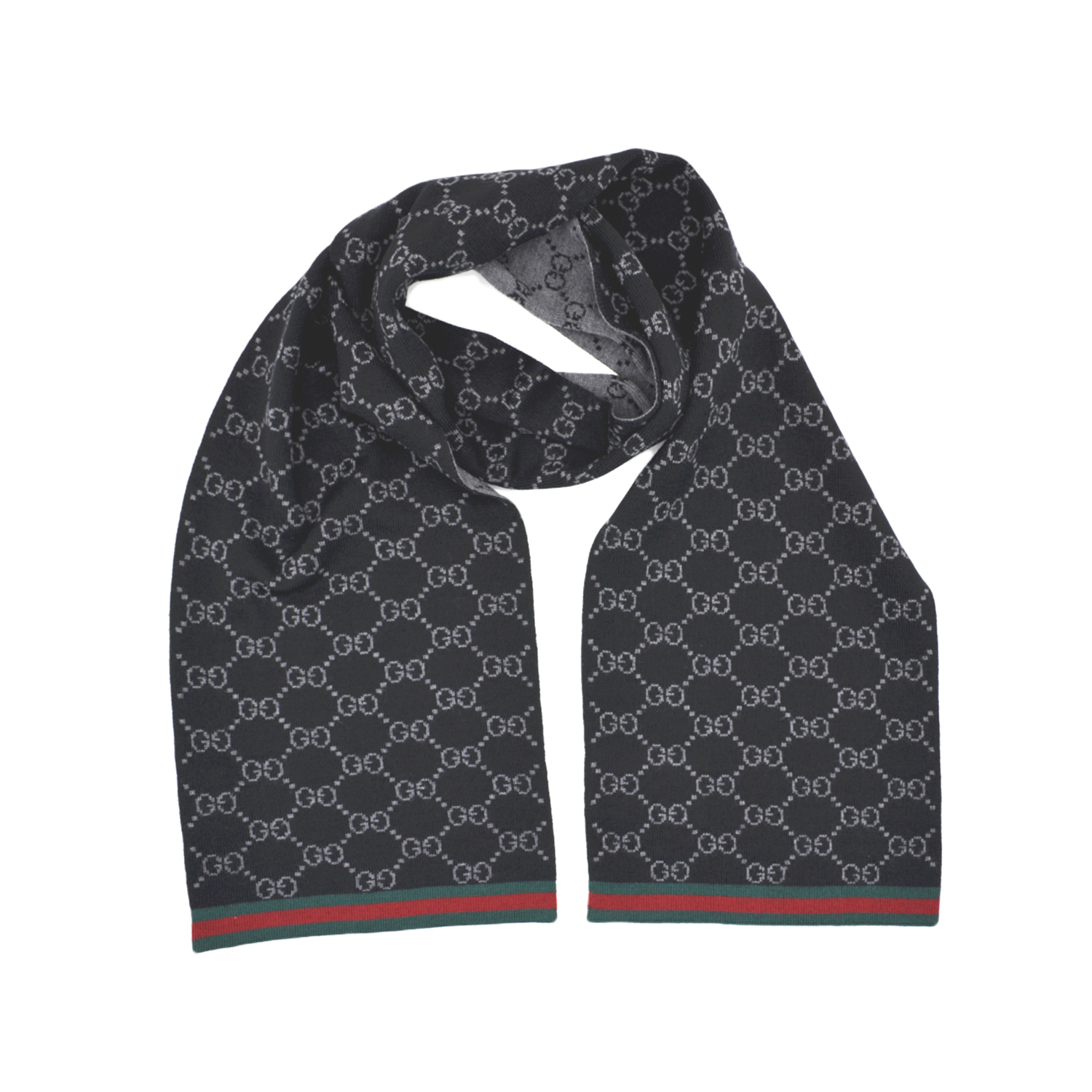 Gucci - Black/Grey GG Monogram Webbing Reversible Wool Scarf (Damaged)