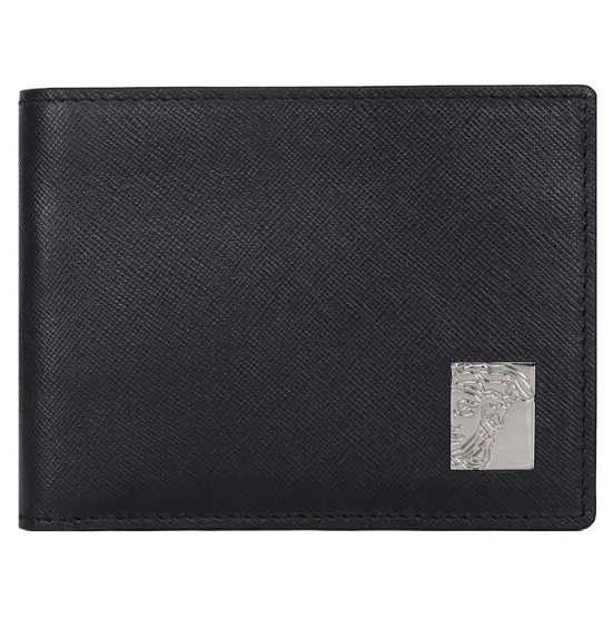 Versace Men's Sliver Metal Medusa Half Face Black Cross Pattern Leather Folding Wallet