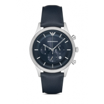 Emporio Armani Silver & Navy Blue Leather Men's Watch