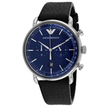 Emporio Armani Blue Dial Black Leather Strap Men’s Watch