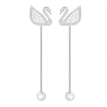 Swarovski Iconic Swan Micro Pearl Pierced Earrings, White, Rhodium Plating