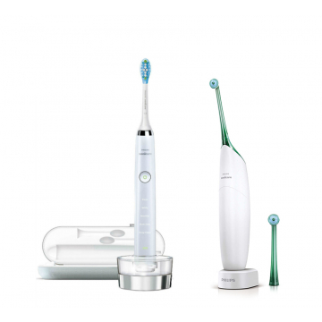 Philips White DiamondClean Toothbrush 2019 Edition + Sonicare AirFloss in White/Green Bundle