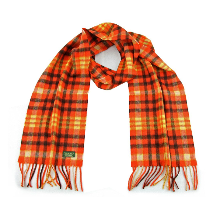 Glencroft - 100% Cashmere Plaid Scarve in Rustic Orange, Black and Yellow