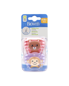 Dr Brown's - Prevent Suction-Free Animal Soothers 6-12m (Pink 2 Pack)