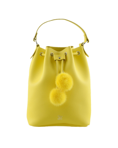 Grafea 'Cherie' 100% Leather Bucket Bag with Matching Pom Poms - Yellow