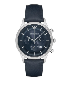 Emporio Armani Silver & Navy Blue Leather Men's Watch