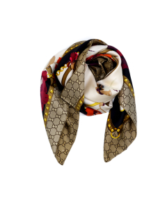 Gucci - Beige/Pink GG Floral Print Silk Scarf