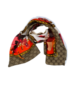 Gucci - Beige/Orange GG Floral Print Silk Scarf