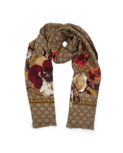 Gucci - Beige/Burgundy GG Floral Print Wool Scarf