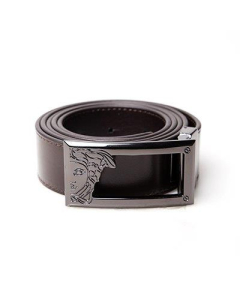 Versace Mens Leather Belt with Sliver Medusa Buckle - Dark Brown
