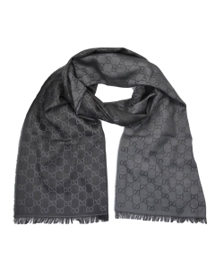 Gucci - Black/Dark Grey GG Monogram Webbing Reversible Wool and Silk Blend Scarf
