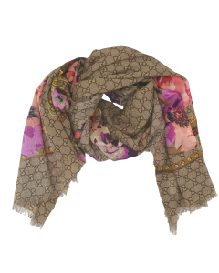 Gucci - Beige/Pink GG Floral Print Wool Scarf