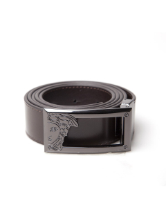 Versace Mens Leather Belt with Sliver Medusa Buckle - Dark Brown