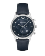 Emporio Armani Silver & Navy Blue Leather Men's Watch