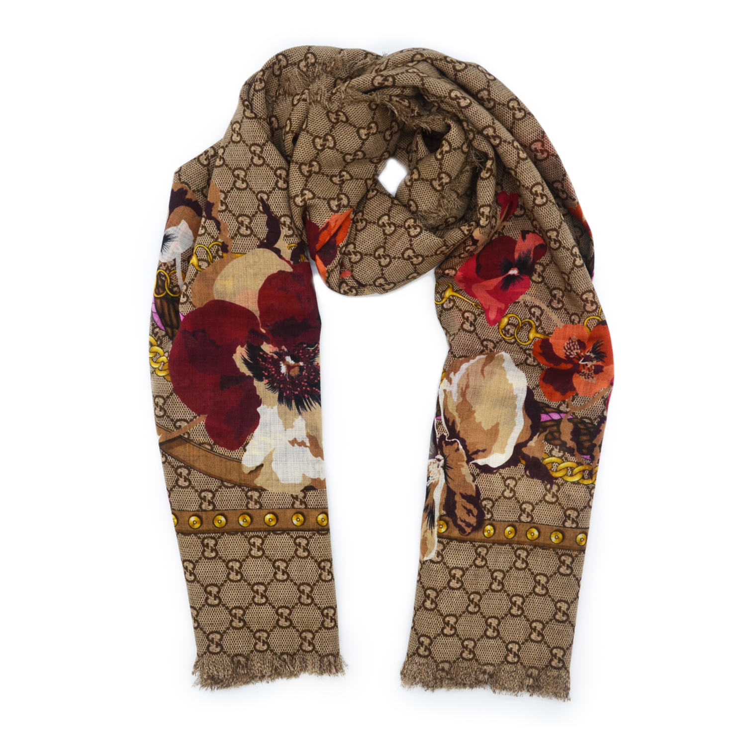 Gucci - Beige/Burgundy GG Floral Print Wool Scarf