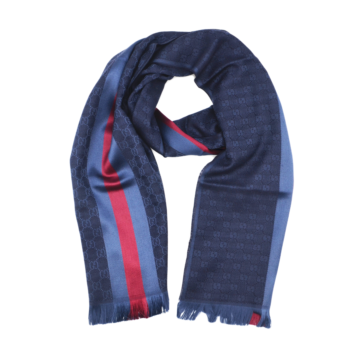 Gucci - Blue GG Monogram Stripe Wool Silk Blend Scarf