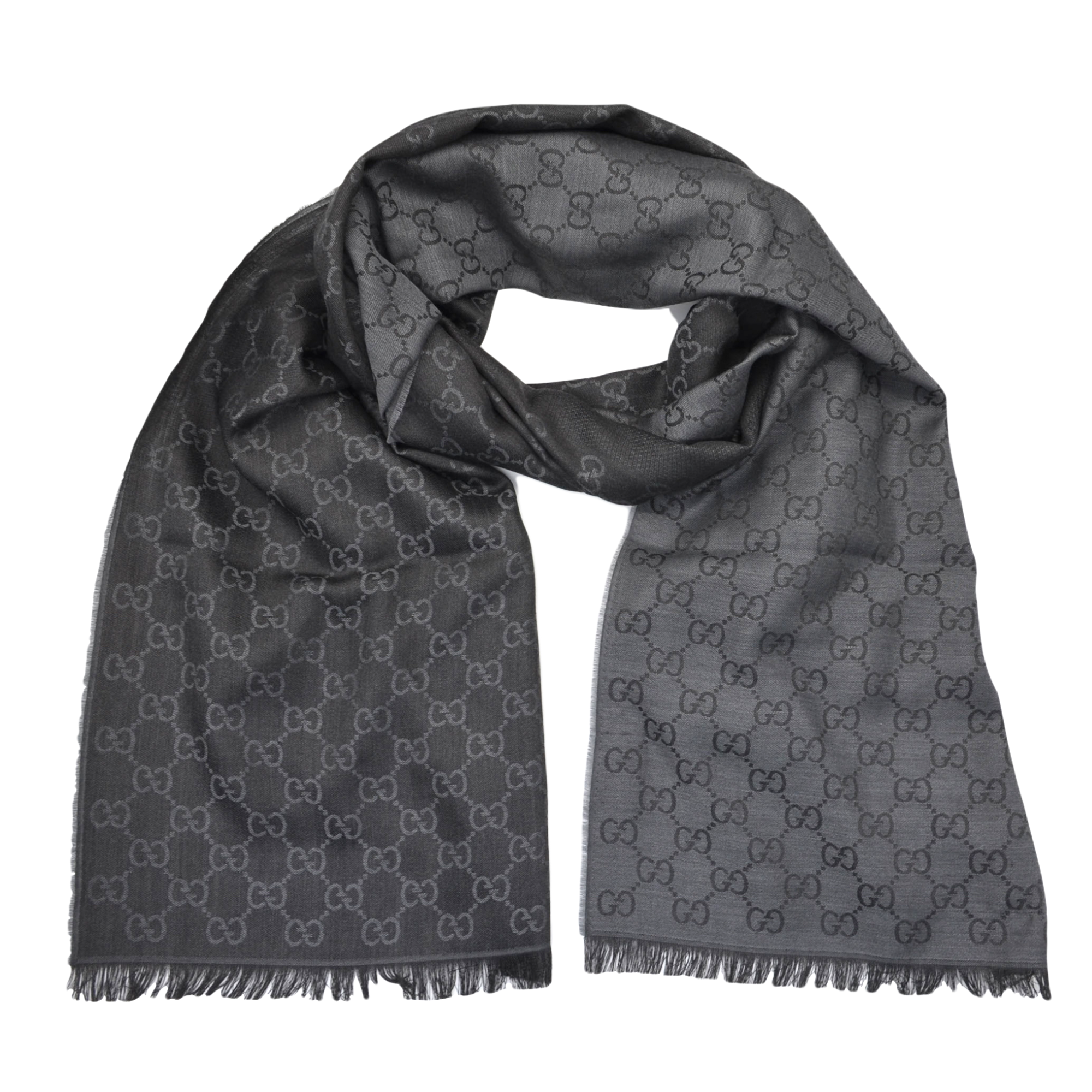 Gucci - Black/Dark Grey GG Monogram Webbing Reversible Wool and Silk Blend Scarf 